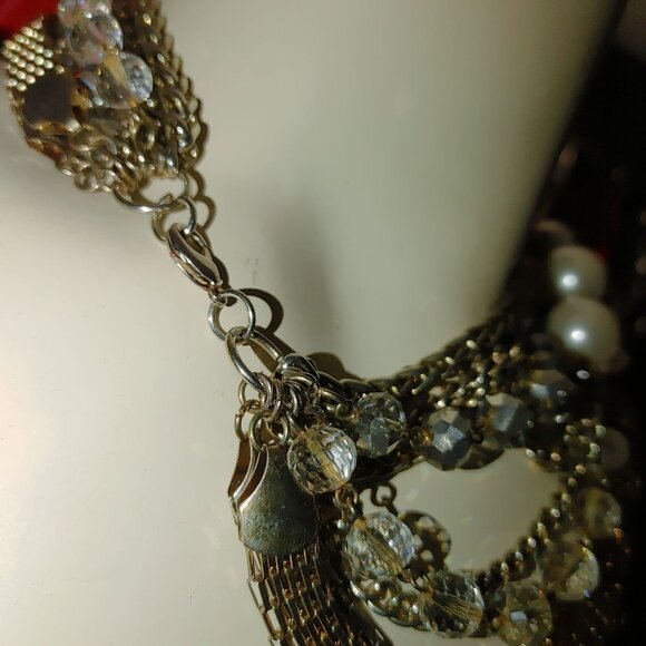 Statement Necklace Multi 8 Strand Glass Crystals Faux Pearls Gold Silver Chunky - Picture 12 of 15